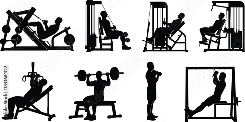 Silhouettes of People Exercising with Weights and Resistance Machines in a Gym, Depicting Various Strength Training Workouts for Bodybuilding and Fitness, Vector Set Isolated on White Background.
