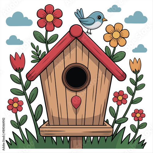Charming Birdhouse with a Bluebird and Spring Flowers