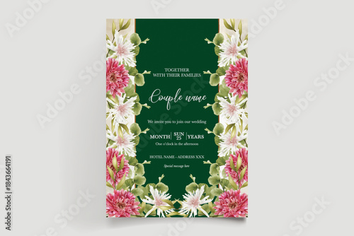 WEDDING INVITATION FRAME WITH FLOWER DECORATIONS AND FRESH LEAVES