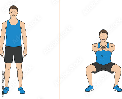 Detailed illustration set demonstrating a man performing essential fitness and bodyweight exercises, including stretching, core work (leg lifts), squats, and balance poses.