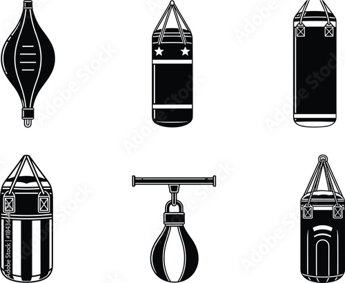 Six Different Types of Punching Bags for Boxing and Fitness Training, Gym Exercise Equipment Collection, Kickboxing, Muay Thai, Speed, Heavy, Reflex, Double-End, Workout