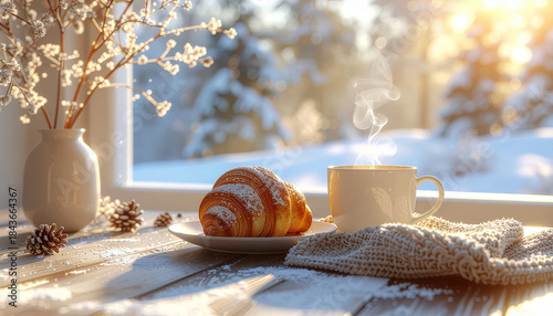 Warm cup of coffee and croissant on wooden table by snowy window create cozy winter morning scene