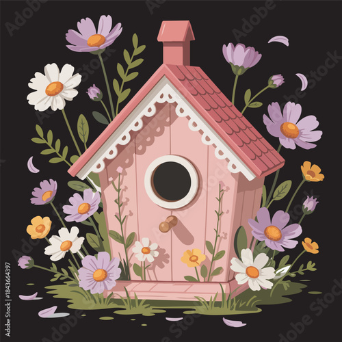 Cute Floral Birdhouse Illustration on Black Background