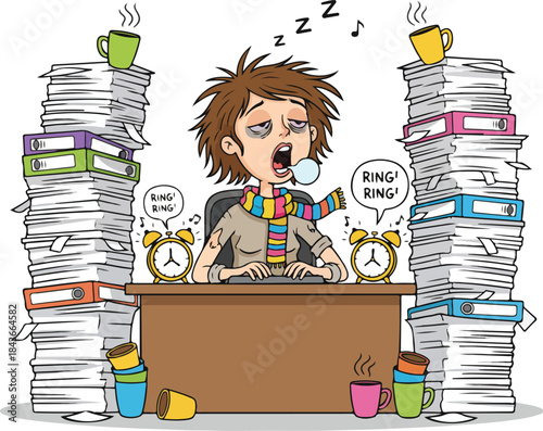 cartoon office with a woman sleeping at her desk9