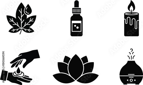 Essential Spa and Wellness Silhouette Icons A Comprehensive Collection Representing Aromatherapy, Natural Beauty, and Relaxation Elements for Health, Calm, and Serenity