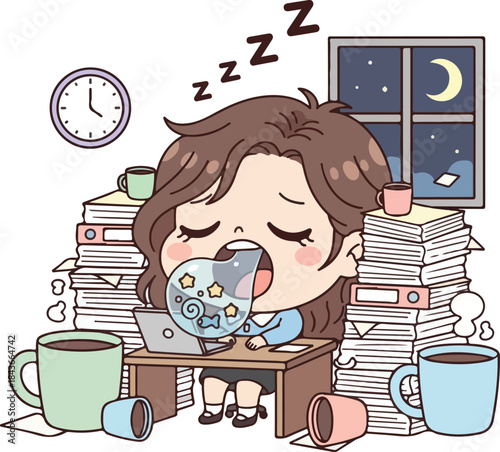 cartoon office with a woman sleeping at her desk9