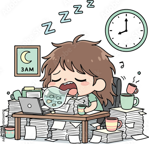 cartoon office with a woman sleeping at her desk9