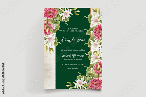 WEDDING INVITATION FRAME WITH FLOWER DECORATIONS AND FRESH LEAVES