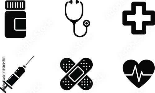 Essential medical and healthcare vector icons. Diverse symbols for diagnosis, treatment, first aid, and health monitoring. Ideal for professional design projects