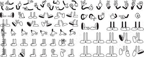 Vintage Cartoon Hands and Feet Icon Set – Cute Gloved Hand Gestures and Walking Shoe Poses Vector Collection