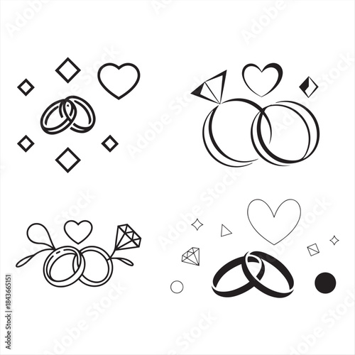 Elegant Line Art Wedding Rings and Hearts Collection set