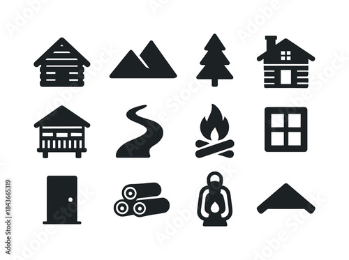 Mountain Cabin Icons. Mountain cabins. Solid icon set of mountai
