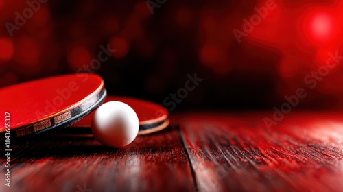 A dynamic arrangement of ping pong paddles and a white ball on a warm wooden surface, evoking a sense of playfulness and sport in a cozy, intimate setting.