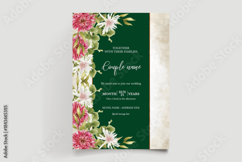 WEDDING INVITATION FRAME WITH FLOWER DECORATIONS AND FRESH LEAVES