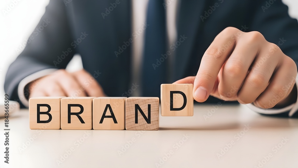 Obraz premium Businessman building brand identity with wooden blocks