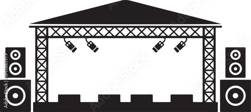 Black and white minimalist of a concert stage with speakers and spotlights music