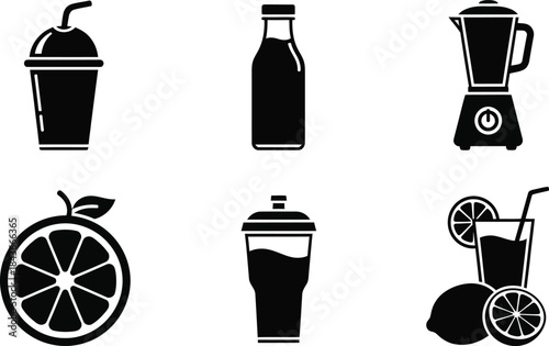 Set of six black and white icons representing drinks, fruit, and a blender, perfect for healthy lifestyle and beverage-related content