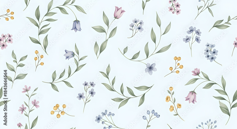 Fototapeta premium Floral Pattern Watercolor Flowers Botanical Background Light Blue Pink Green Berries Seamless Repeat