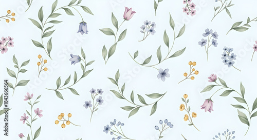 Floral Pattern Watercolor Flowers Botanical Background Light Blue Pink Green Berries Seamless Repeat