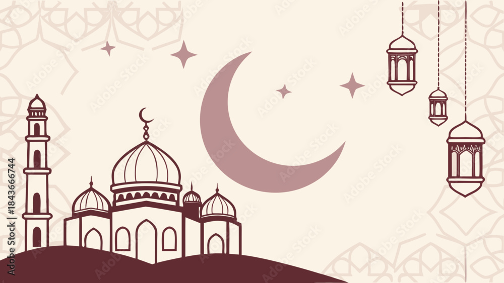 Fototapeta premium Illustration of a Mosque with Crescent Moon and Stars