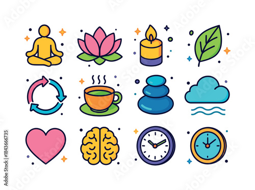 Isometric Mindfulness Icons. Mindfulness. Colorful isometric vec