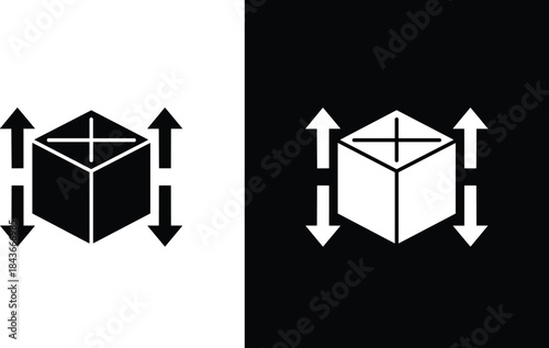 Black and white icon illustration featuring a single three-dimensional cube surrounded by up and down arrows,