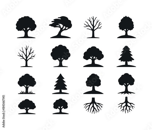 Lone Tree Icons. Lone tree in field. Solid icon set of Lone tree