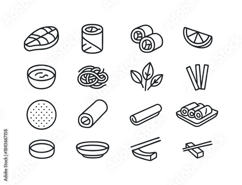 Fish Spring Rolls Icons. Fish Spring Rolls. Line icon set of Fis