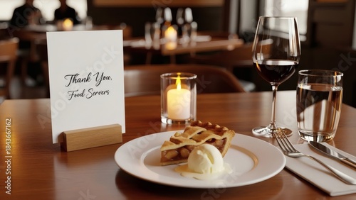 Slice of apple pie with vanilla ice cream, a glass of red wine, and a thank you note on a wooden table in a dimly lit restaurant  for Be Kind To Food Servers Month
