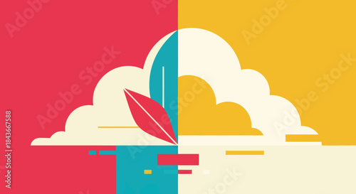Abstract Cloudscape with Leaf and Waterfall Elements in Contrasting Colors.
