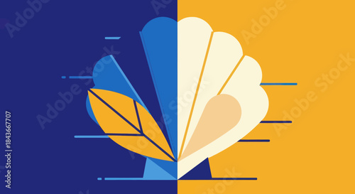 Abstract depiction of a seashell split between blue and yellow backgrounds.