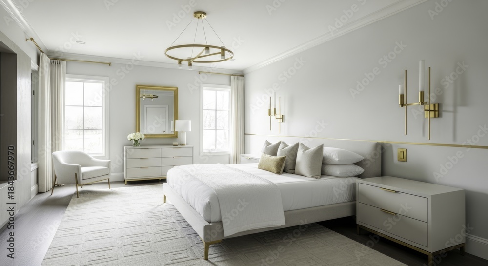 Fototapeta premium Elegant and Modern White and Gold Master Bedroom with Luxurious Upholstered Bed, Stylish Furniture, Contemporary Lighting, and Bright, Serene Decor