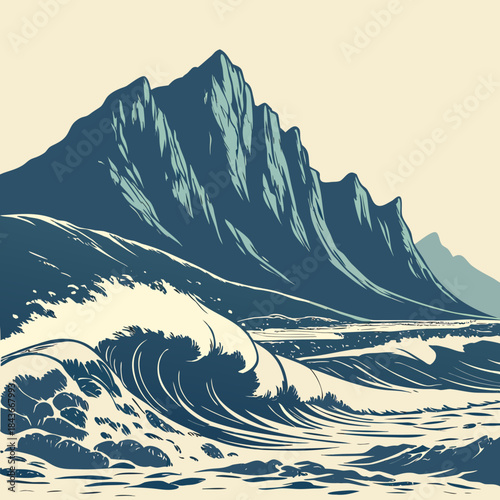 Majestic jagged mountain peaks rise above crashing ocean waves under a calm sky in a stylized illustration