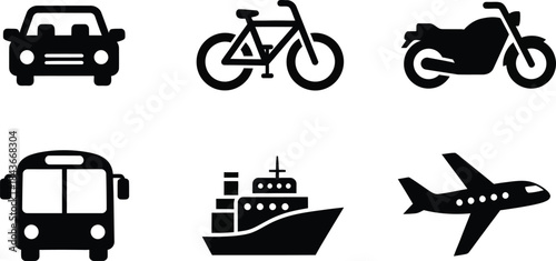 Collection of transportation icons, including a car, bicycle, motorcycle, bus, ship, and airplane, symbolizing various modes of travel and movement