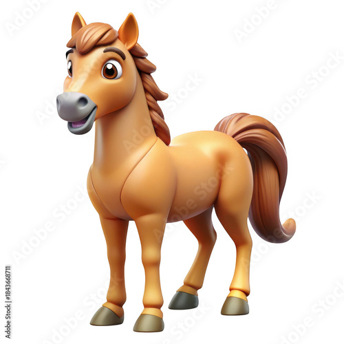A cute cartoon horse toy with brown mane and tail isolated on transparent background