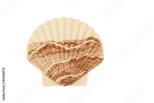 stylized scallop seashell with an intricate dark brown wave or lace pattern overlaid on the surface, no background svg