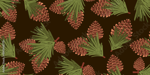 Elegant seamless pattern featuring pine branches and brown cones on  dark background. Perfect for Christmas textiles, holiday gift wrap, festive prints, and winter decorative designs