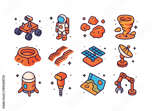 Mars Exploration Icons. Exploring the surface of Mars. Colorful