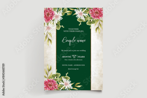 WEDDING INVITATION FRAME WITH FLOWER DECORATIONS AND FRESH LEAVES