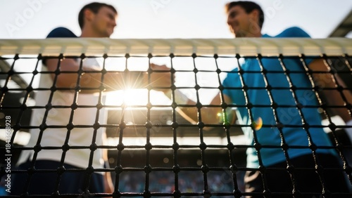 Tennis players shaking hands over net with sun flare, symbolizing sportsmanship.