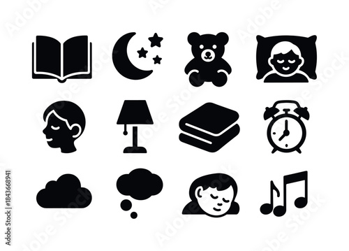 Bedtime Icons Set. Bedtime Stories. Solid icon set of bedtime st
