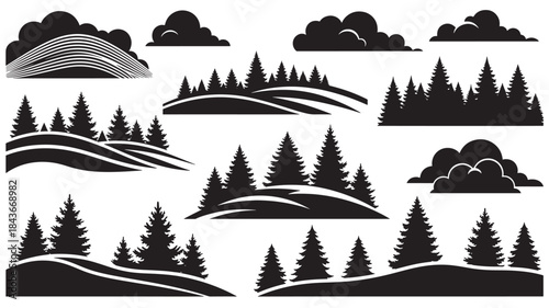 Black Silhouette Trees on Hills with Clouds Landscape