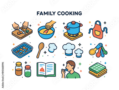 Family Cooking Icons. Family Cooking. Colorful isometric vector