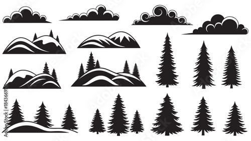 Black Silhouette Mountains Trees Clouds Isolated on White Background