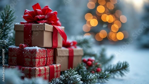 Festive christmas gift box with beautiful red ribbon bow creating joyful holiday celebration in magical winter snow forest