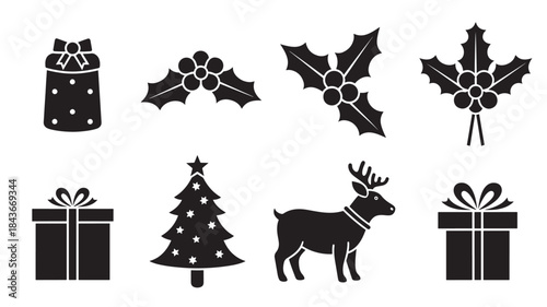Black Christmas Icons Set on White Background