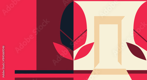 Abstract Geometric Composition with Architectural Elements and Botanical Motifs.