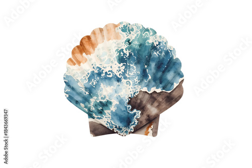 highly stylized scallop seashell painted with a blue and white breaking ocean wave pattern, no background svg