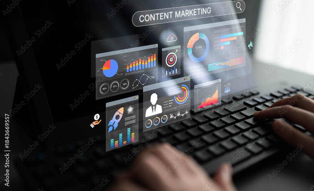 Fototapeta premium Content marketing interface with data dashboards, analytics charts, and content tools. Marketing success comes from content performance, content planning, and marketing optimization. Spline