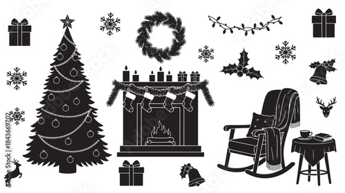 Christmas Tree Decorations with Fireplace and Rocking Chair